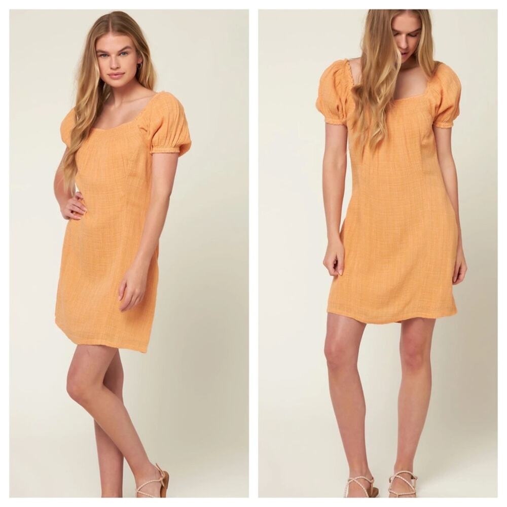 NWT O’Neill Dress Apricot Mini Smocked Front. Short Sleeves Pullover Pockets M - Picture 3 of 4